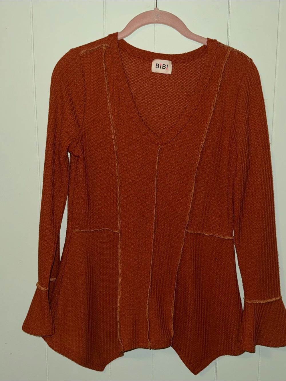 BiBi Women's Rust Waffle Knit V-Neck Sweater